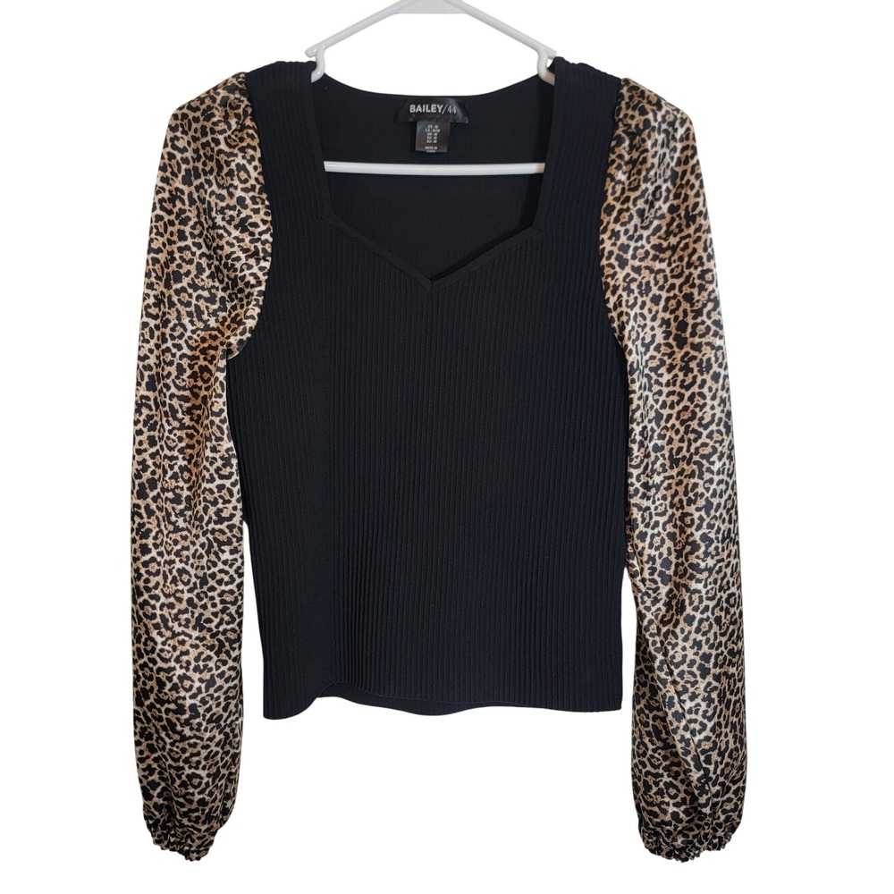 Bailey/44 Womens Medium Black Ribbed Leopard Print Puff‎ Sleeve Mixed Media Top